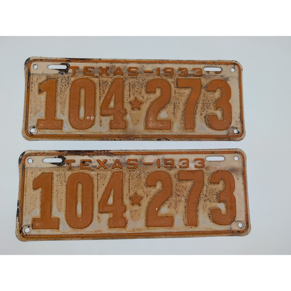 Texas License Plate 1933 Lot of 2 104-273 Vintage Metal Orange Cream